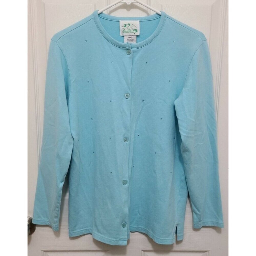 Quacker Factory Womens Long Sleeve Button Up Cardigan Sweater Rhinestones Blue S